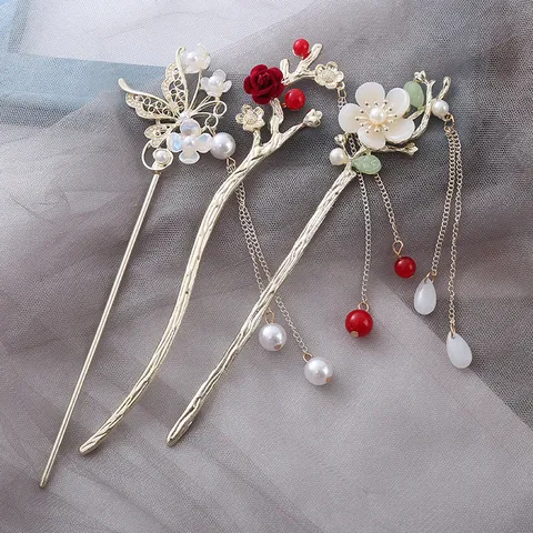 Vintage Chinese Style Flower Butterfly Metal Hair Stick Long Tassel Artificial Pearl Hair Fork Hanfu Cheongsam Hair Accessories For Women Jewelry