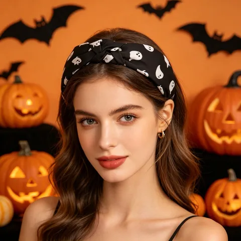 Halloween Knotted Headband Women Chiffon Fabric Hairband With Ghost Spiderweb Candy Corn Patterns Holiday Party Hair Accessories