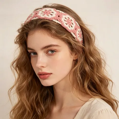 Bohemian Knit Headband For Women Crochet Ethnic Floral Wide Hairband Handmade Yarn Plastic Head Hoop Fashion Hair Accessories