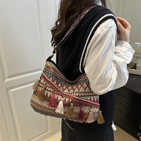 Literary National Style Tassel Canvas Shoulder Tote Bag Women Casual Large Capacity Striped Pattern Handbag