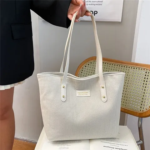 Women's Large Capacity Corduroy Tote Bag Casual Retro Solid Color Shoulder Bag Rivet Commuter Handbag For Women