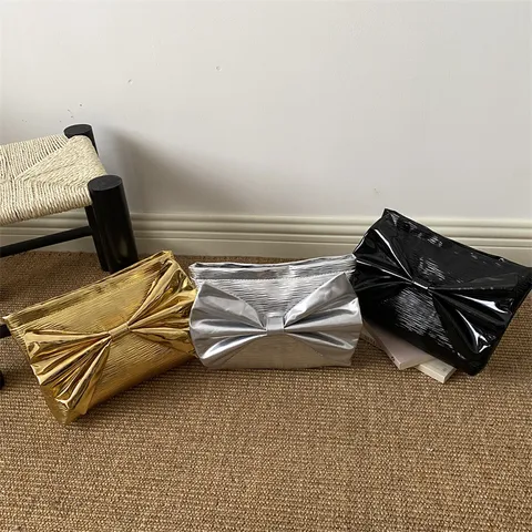 Women Fashion PU Leather Evening Clutch Bag Large Capacity Minimalist Bow Bag Elegant Metallic Surface Party Handbag