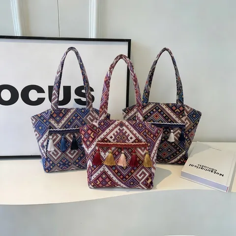 Women's Ethnic Style Geometric Woven Tote Bag Large Capacity Vintage Canvas Shoulder Handbag With Tassel Daily Commuting Travel
