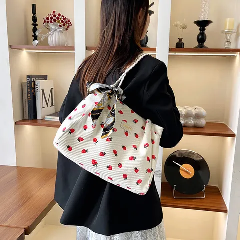 Kord Tote Bag Erdbeer Kirsch Druck Umhängetasche Casual Tägliche Handtasche mit Seidenschal Damen Mode Handtasche
