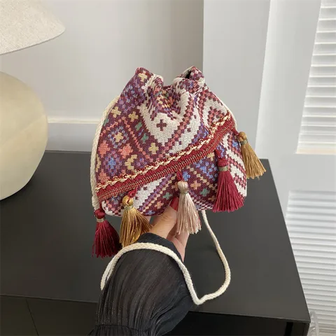 Bolso Cubo de Lona Estilo Étnico Retro para Mujer Pequeño Bolso Bandolera Tejido Geométrico con Borlas Bolso Casual