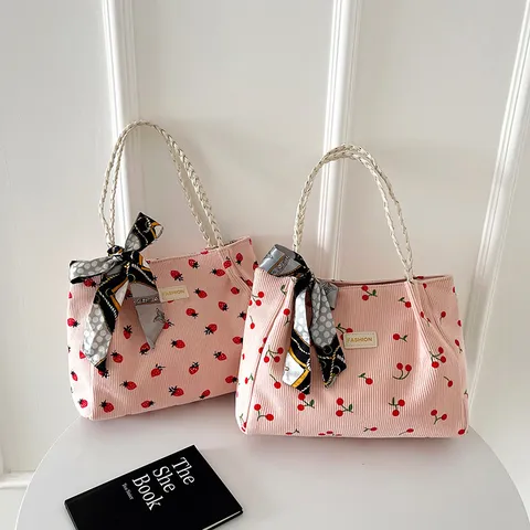 Women Large Capacity Corduroy Tote Bag Strawberry Cherry Print Casual Shoulder Bag Woven Handle With Scarf Daily Handbag