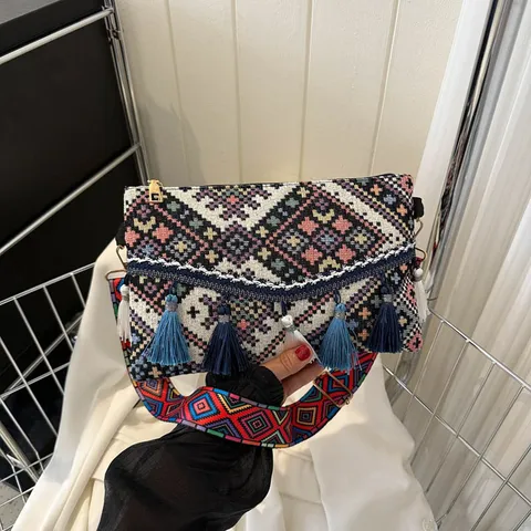 Women's Ethnic Style Canvas Crossbody Bag Vintage Geometric Pattern Tassel Envelope Shoulder Bag Fashion Casual Bag