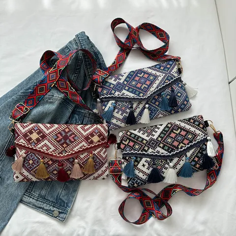 Women's Ethnic Style Canvas Crossbody Bag Vintage Geometric Pattern Tassel Envelope Shoulder Bag Fashion Casual Bag