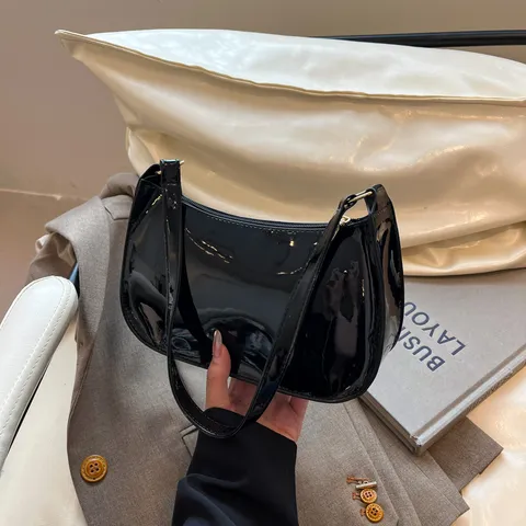 Women Patent Leather Shoulder Bag Vintage Underarm Handbag Retro Chic Solid Color PU Leather Purse For Ladies