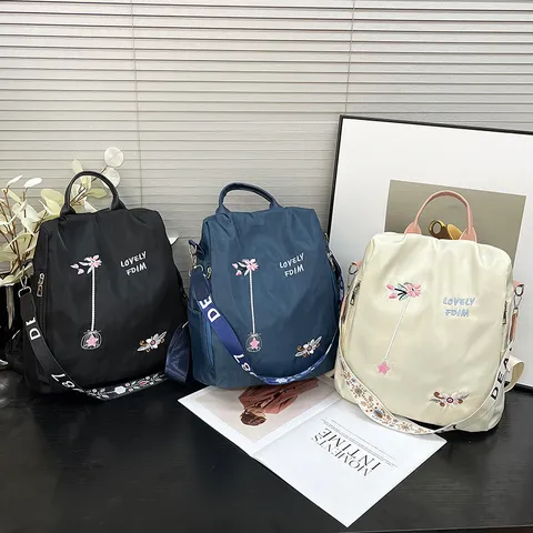 Women Casual Waterproof Nylon Backpack Large Capacity Anti-Theft School Bookbag With Embroidery Floral Design Fashion Daypack