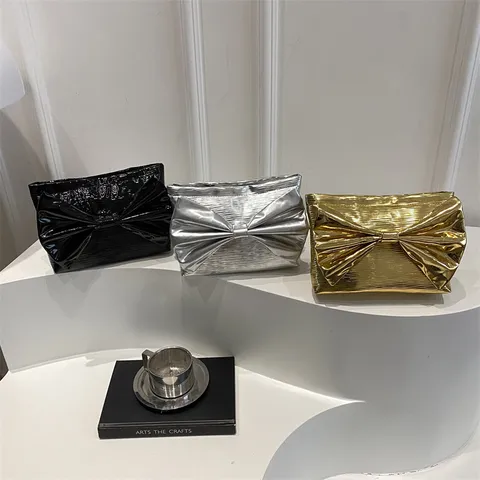 Women Fashion PU Leather Evening Clutch Bag Large Capacity Minimalist Bow Bag Elegant Metallic Surface Party Handbag