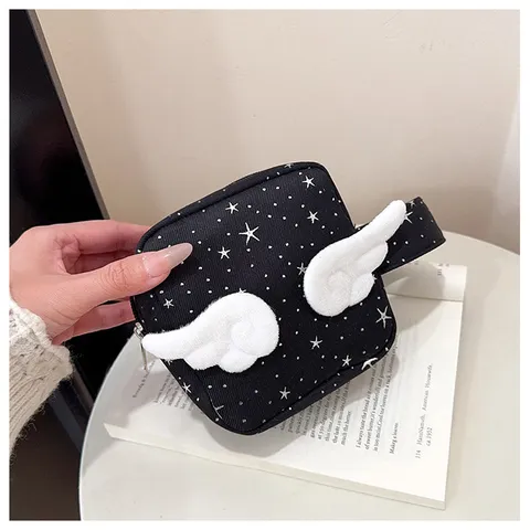 Women Cosmetic Bag Star Angel Wing Design Nylon Zipper Handbag Cute Ins Style Travel Makeup Pouch Storage Bag