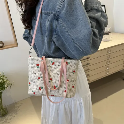 Womens Large Capacity Woven Straw Tote Bag Strawberry Embroidery Shoulder Handbag Casual Travel Commuter Bag