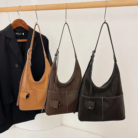 Women Vintage Matte Suede Tote Bag Large Capacity Commuter Shoulder Bag Casual Contrast Stitching Handbag