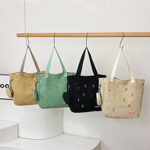 Large Capacity Canvas Tote Bag Women Casual Shoulder Bag Letter Embroidery Shopping Handbag With Pouch