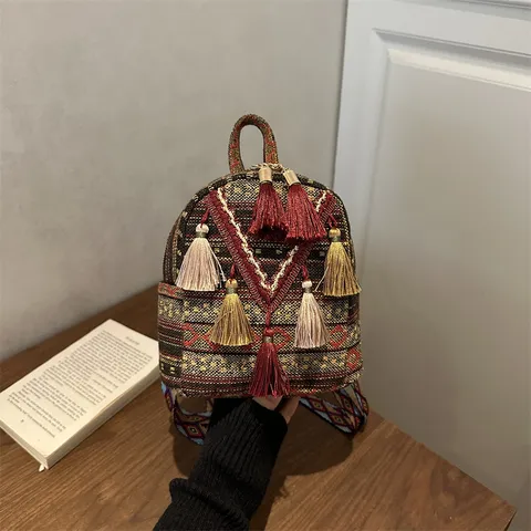 Ethnic Style Oxford Cloth Backpack Women Casual Tassel Travel Daypack Fashion Vintage School Bookbag Small Shoulder Bag