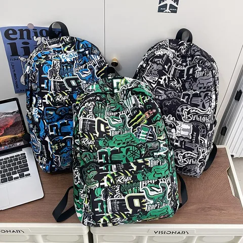 Large Capacity Casual Canvas Backpack Street Trend Graffiti Letter Print School Bag For Teenagers