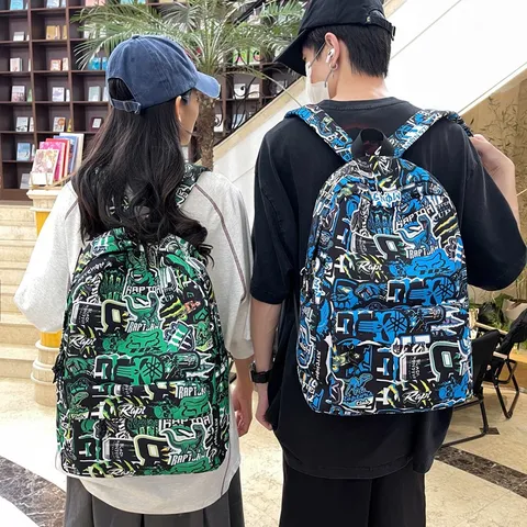 Large Capacity Casual Canvas Backpack Street Trend Graffiti Letter Print School Bag For Teenagers