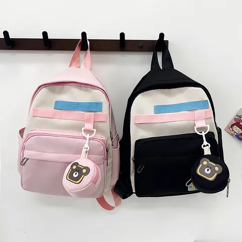 Kids School Backpack Cute Cartoon Bear Pendant Waterproof Lightweight Nylon Bookbag For Students Girls Boys