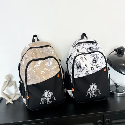 Waterproof Canvas School Backpack For Teenagers Students Large Capacity Trendy Astronaut Graffiti Casual Unisex Bookbag