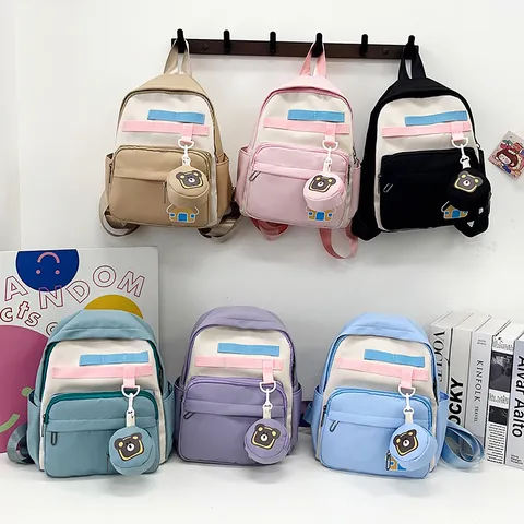 Kids School Backpack Cute Cartoon Bear Pendant Waterproof Lightweight Nylon Bookbag For Students Girls Boys