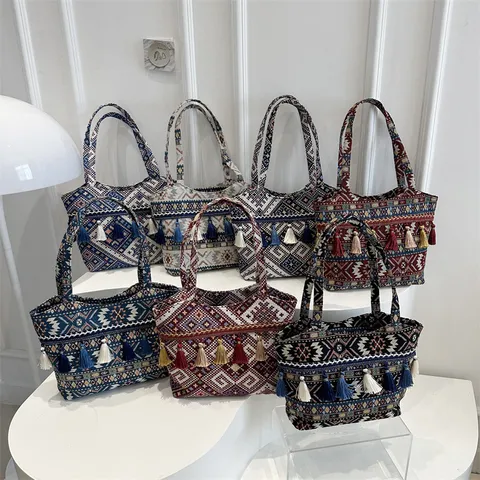 Bohemian Ethen Gewebte Tote Tasche Geometrisches Muster Quaste Handtasche Lässige Reise Schultertasche Für Damen