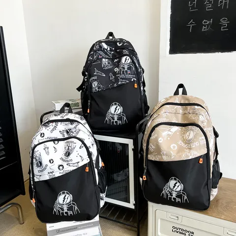 Waterproof Canvas School Backpack For Teenagers Students Large Capacity Trendy Astronaut Graffiti Casual Unisex Bookbag