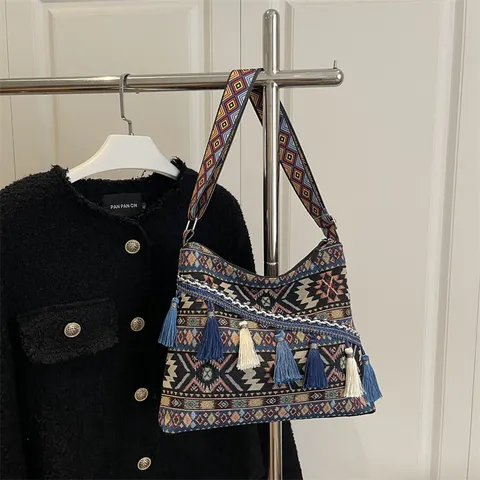 Women Ethnic Vintage Canvas Shoulder Crossbody Bag Large Capacity Brocade Tassel Casual Tote Bag Messenger Handbag