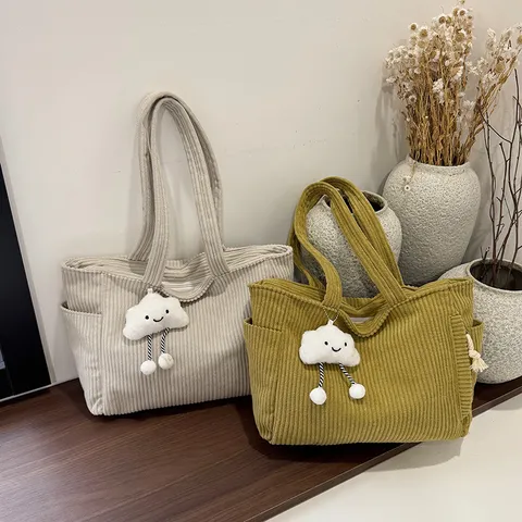 Women's Large Capacity Corduroy Tote Bag Retro Literary Casual Shoulder Handbag With Cute Cloud Pendant Versatile Daily Bag