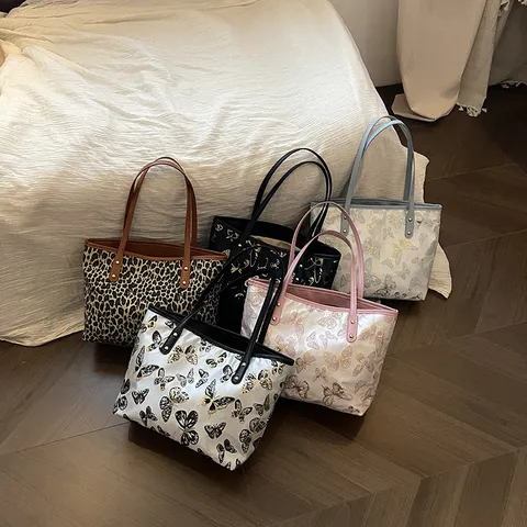 Women Casual Large Capacity Tote Bag Butterfly Jacquard Fabric Shoulder Handbag Commuting Work Bag
