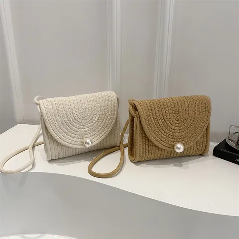 Women Casual Woven Fabric Crossbody Bag Sweet Style Pearl Embellished Envelope Shoulder Bag Fashion Daily Handbag