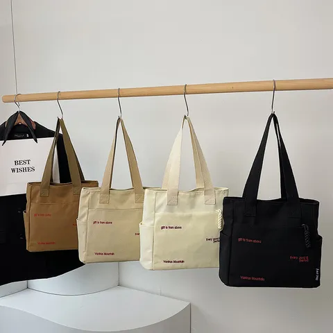 Women Canvas Tote Bag Large Capacity Casual Shoulder Bag Student Book Bag Letter Print Handbag Retro Shopping Bag
