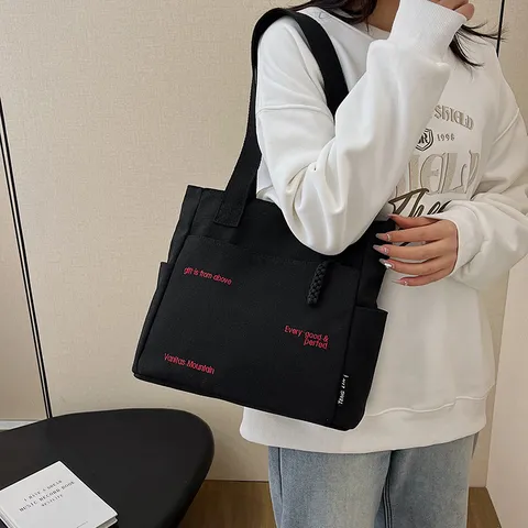Women Canvas Tote Bag Large Capacity Casual Shoulder Bag Student Book Bag Letter Print Handbag Retro Shopping Bag