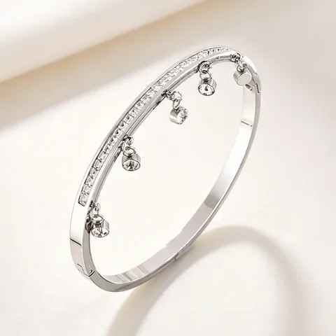 Korean Style Titanium Steel Row Rhinestone Bangle With Dangling Charms Elegant Silver Color Starry Sparkle Cuff Bracelet For Women Jewelry Gift