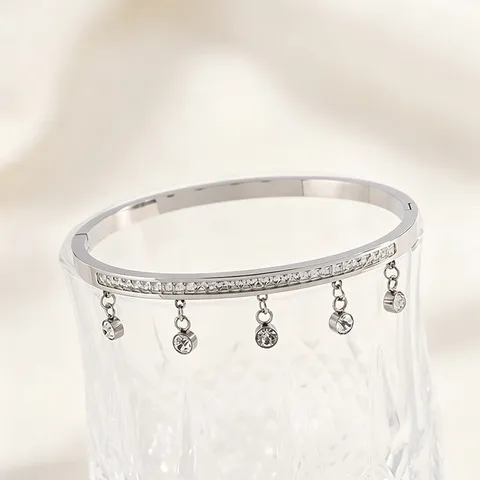 Korean Style Titanium Steel Row Rhinestone Bangle With Dangling Charms Elegant Silver Color Starry Sparkle Cuff Bracelet For Women Jewelry Gift
