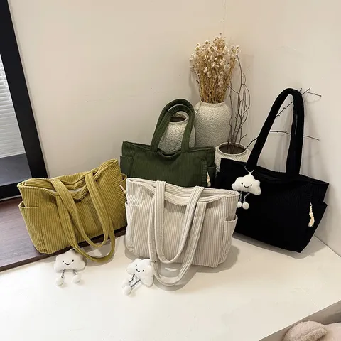 Women's Large Capacity Corduroy Tote Bag Retro Literary Casual Shoulder Handbag With Cute Cloud Pendant Versatile Daily Bag