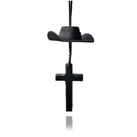 Retro Wooden Cross Cowboy Hat Car Hanging Ornament Rearview Mirror Pendant Western Style Car Interior Decoration Accessories For Men Women