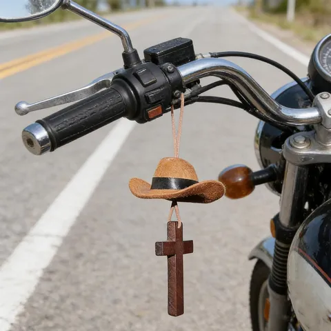 Retro Wooden Cross Cowboy Hat Car Hanging Ornament Rearview Mirror Pendant Western Style Car Interior Decoration Accessories For Men Women