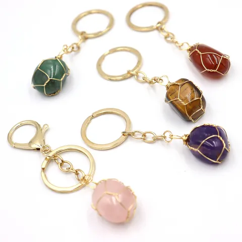 Irregular Natural Crystal Stone Wire Wrapped Keychain Gold Metal Lobster Clasp Bag Charm Fashion Jewelry Ornament Accessory