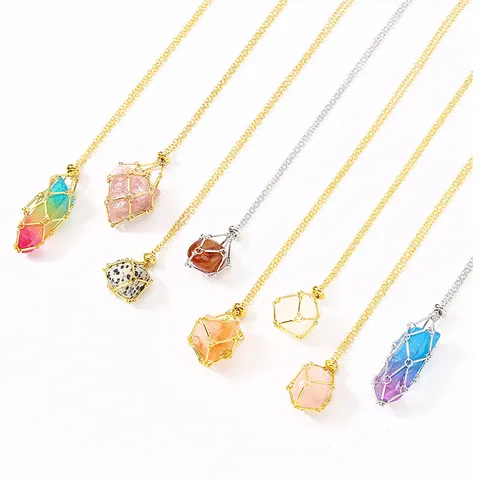 Natürliche Rohkristallstein Mesh Beutel Anhänger Halskette Einstellbare Metall Bambusknoten Gliederkette Amethyst Rosenquarz Kristall Schmuck