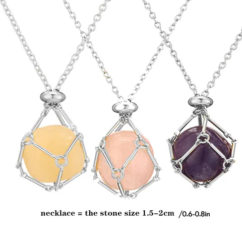 Natürliche Rohkristallstein Mesh Beutel Anhänger Halskette Einstellbare Metall Bambusknoten Gliederkette Amethyst Rosenquarz Kristall Schmuck