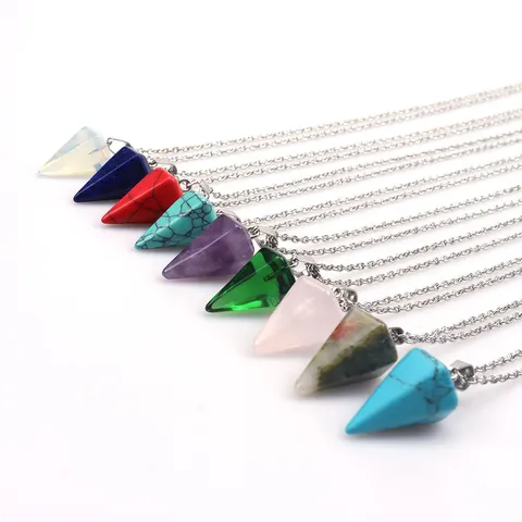 Hexagonal Cone Crystal Pendant Necklace Natural Amethyst Tiger Eye Gemstone Reiki Healing Pendulum DIY Jewelry For Unisex
