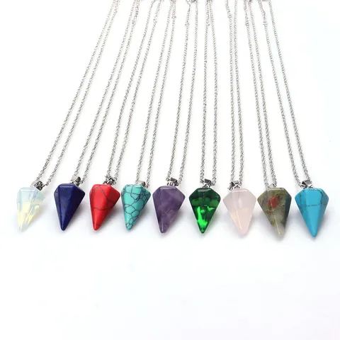 Hexagonal Cone Crystal Pendant Necklace Natural Amethyst Tiger Eye Gemstone Reiki Healing Pendulum DIY Jewelry For Unisex