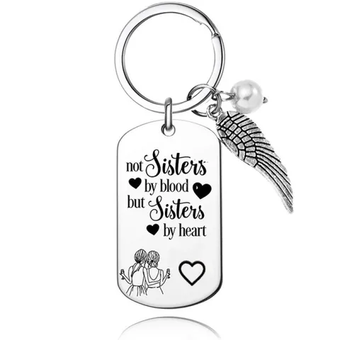 Stainless Steel Friendship Keychain For Sisters Engraved Tag With Wings Artificial Pearl Pendant Birthday Graduation Gift For Women Friends
