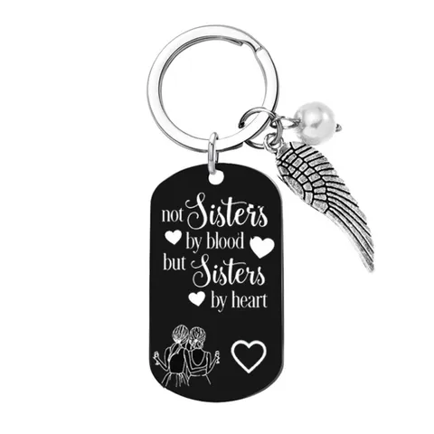 Stainless Steel Friendship Keychain For Sisters Engraved Tag With Wings Artificial Pearl Pendant Birthday Graduation Gift For Women Friends