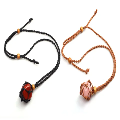 Boho Handgewebt Netztasche Kristall Anhänger Halskette Verstellbar Naturstein Kordel Pulloverkette Mit Holzperlen Für Herren Damen