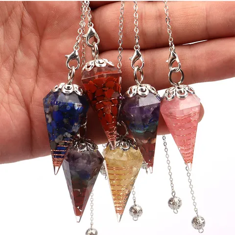 Hexagonal Cone Crystal Pendant Necklace With Resin Natural Stone Chips Dowsing Pendulum For Women Divination Healing Jewelry