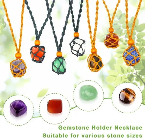 Naturstein Chakra Kristalle Schmuck-Set Handgewebt Netz Kordel Anhänger Halter Halskette Vulkanischen Lava Perlen Elastisches Armband Heilquarz Rohsteine Samtbeutel Für Yoga Meditation Damen Herren