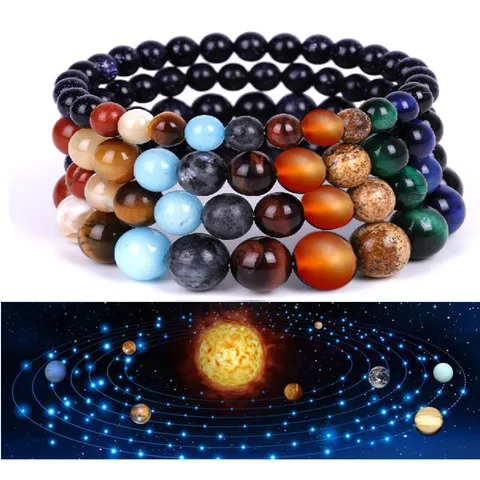 Bracciale di Perline in Pietra del Sole Blu Naturale Occhio di Tigre Otto Pianeti del Sistema Solare Fatto a Mano Galassia Cosmo Universo Bracciale per Donne Uomini