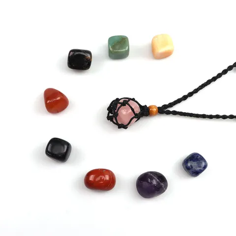Natural Stone Crystal Rough Woven Net Bag Necklace Adjustable Raw Stone Pendant Handmade Bohemian Sweater Chain For Women Men